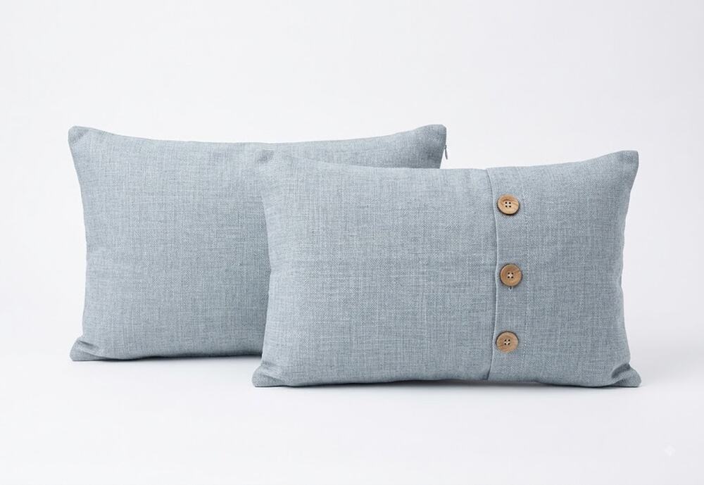Set of 2 12x20 Lumbar Pillow Covers Blue Linen Textured Coconut Button Coastal